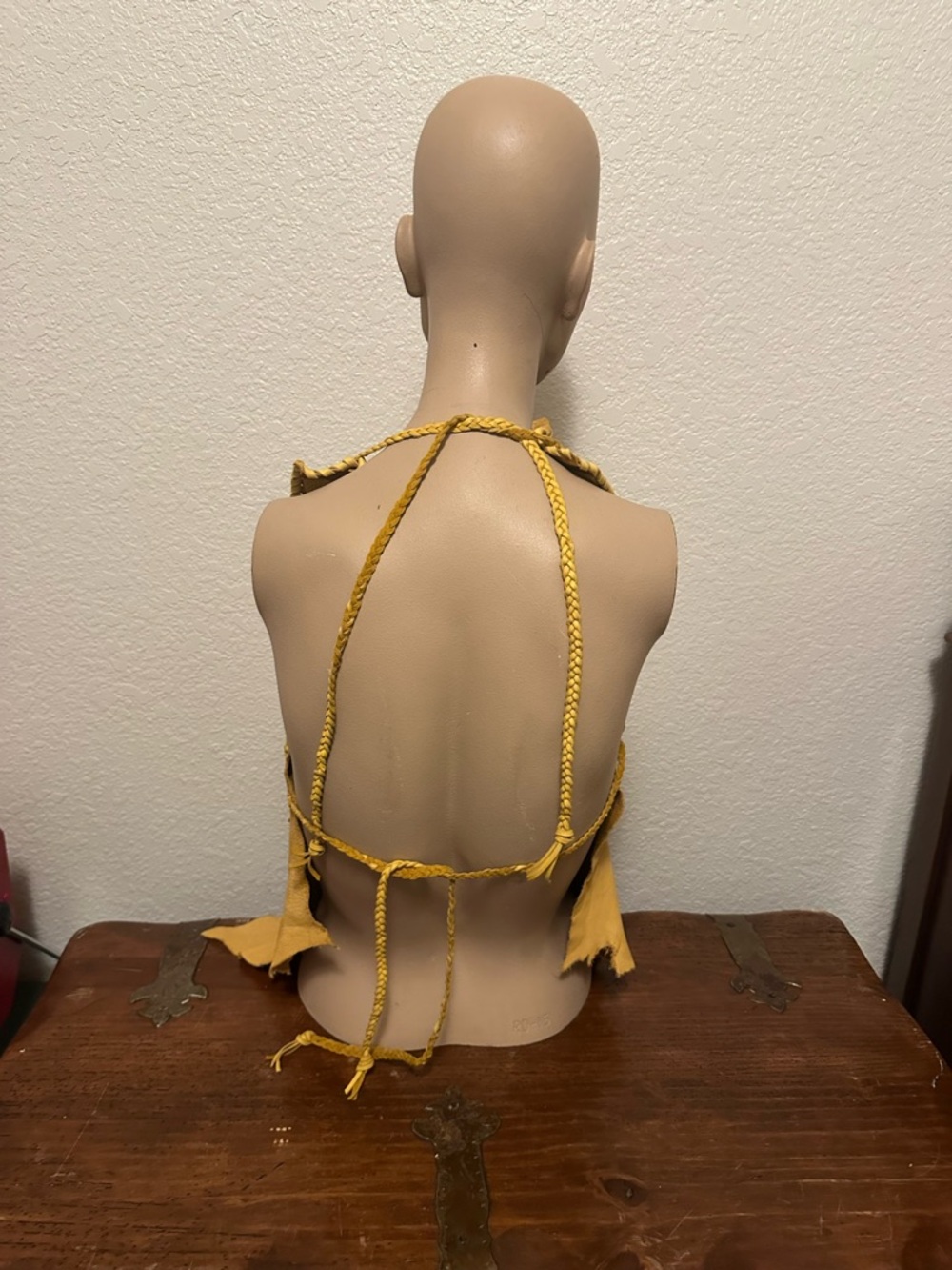 Hand Crafted Mustard Yellow Soft Elk Skin Halter Top with macaw feather accents - Picture 4 of 5